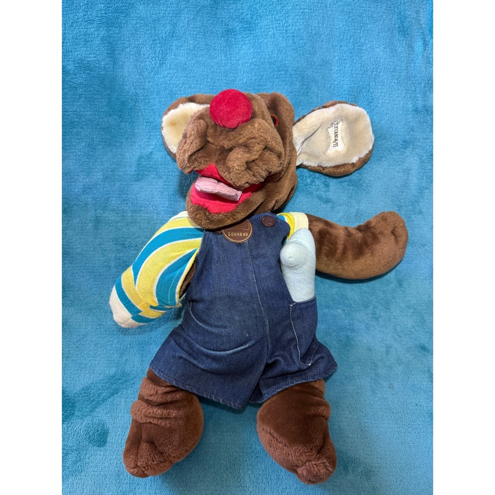 Vintage Ganz Wrinkles Dog Plush Hand Puppet Brown Denim Overalls 18 inch 5088649